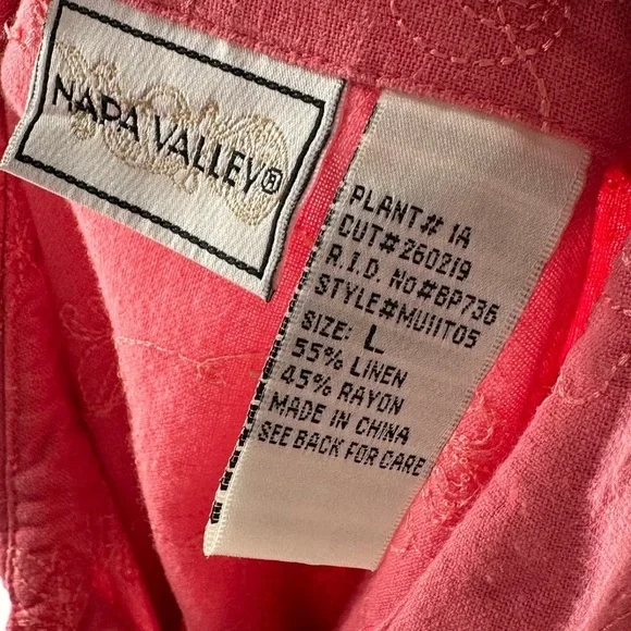 Napa Valley top L pink coral 55% linen floral button down coastal 90s vintage